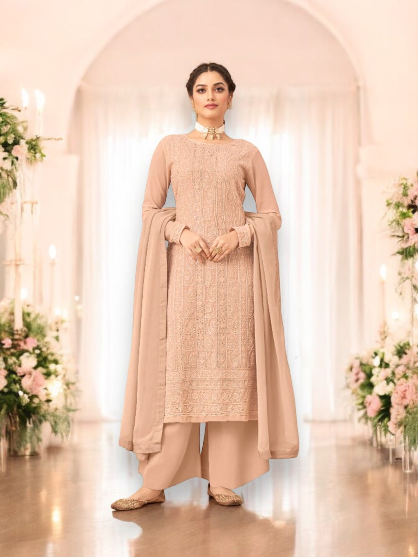 Peach Faux Georgette Lucknowi Work Salwar Suit - Elegance Redefined