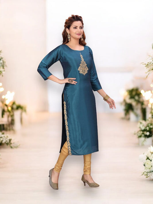 Rama Green Silk Festival Wear Embroidery Work Kurti: Elegant and Exquisite!