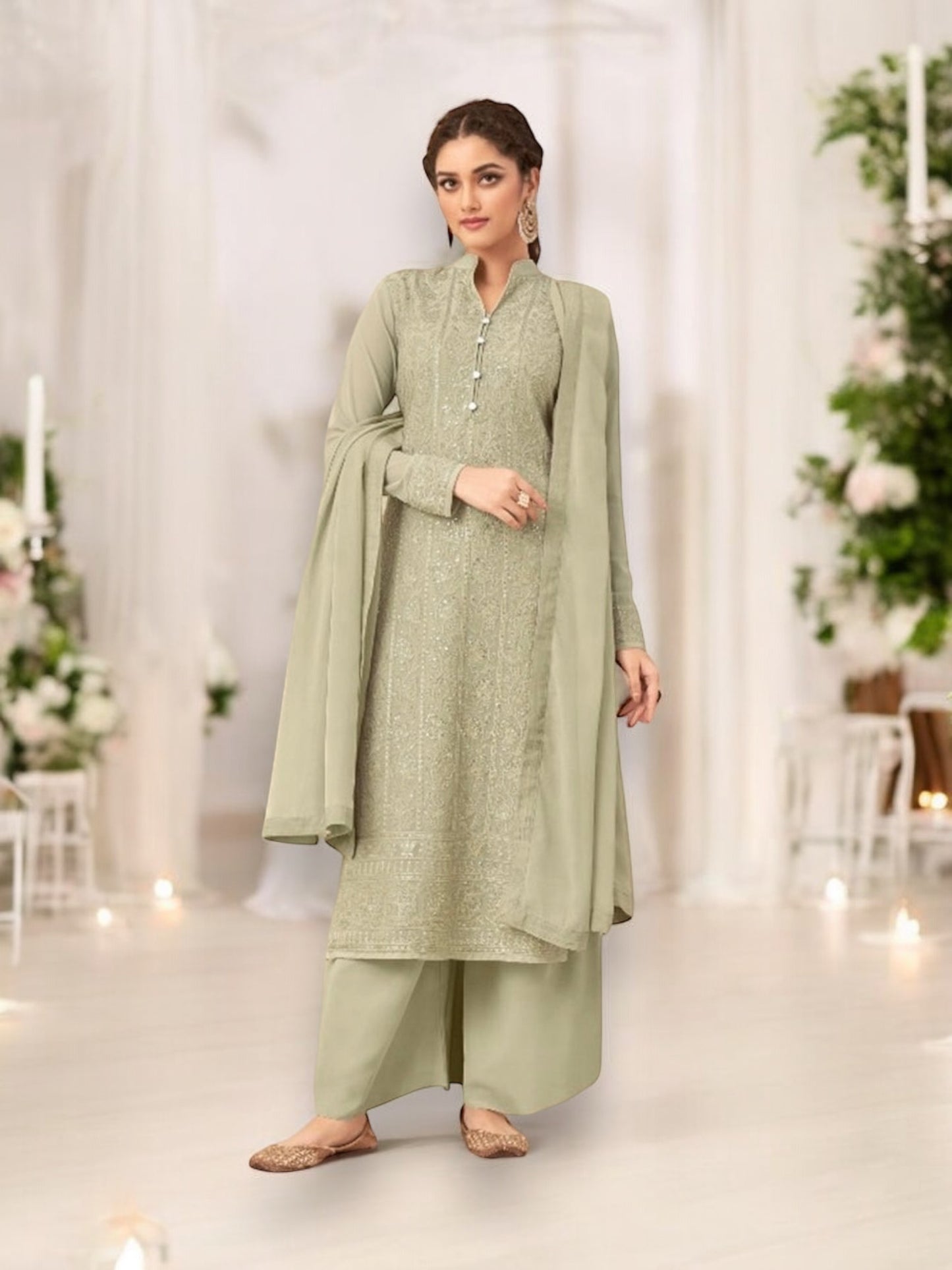 Light Green Faux Georgette Lucknowi Work Salwar Suit - Elegance Redefined