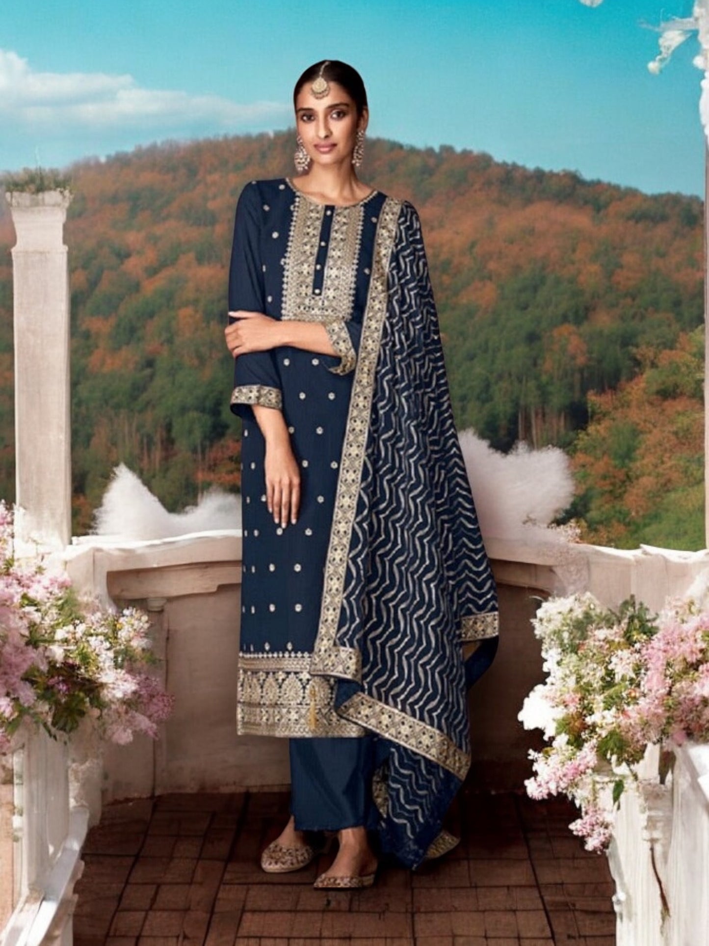 Navy Blue Faux Georgette Salwar Suit with Intricate Embroidery