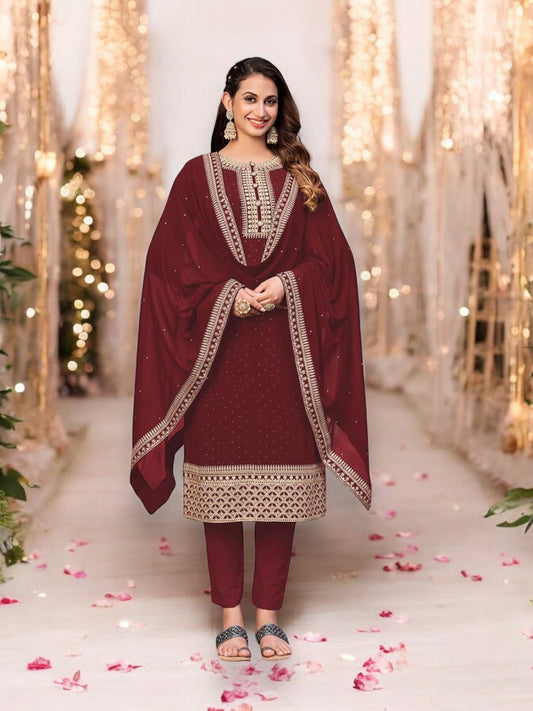 Regal Maroon - Faux Georgette - Embroidery Work Straight Suit