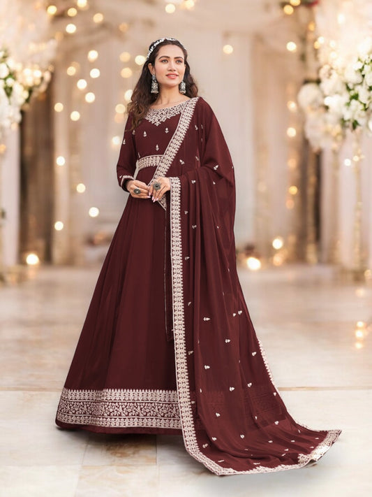 Glamorous Brown Color Faux Georgette Gown with Heavy Work