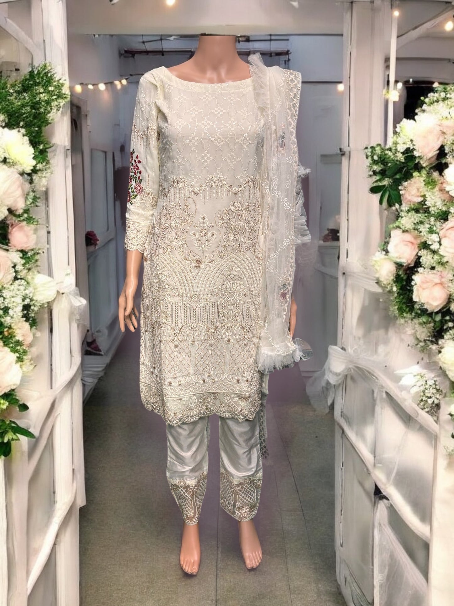 Cream Georgette Suit with Beautiful Embroidery Work