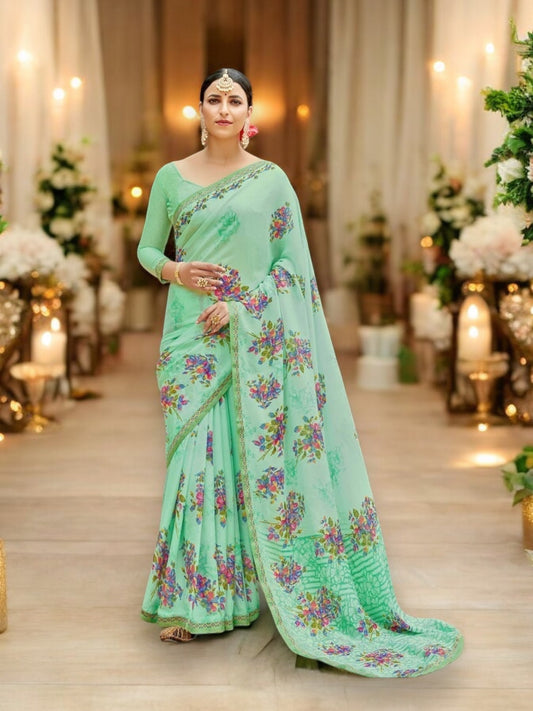 Chiffon Flower Print Saree – Vibrant Floral Design, Lightweight & Breathable Fabric- 75105