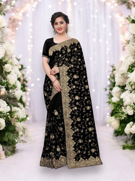 Modern Royalty: Black Vichitra Silk Wedding Wear Saree Set with Stitched Blouse