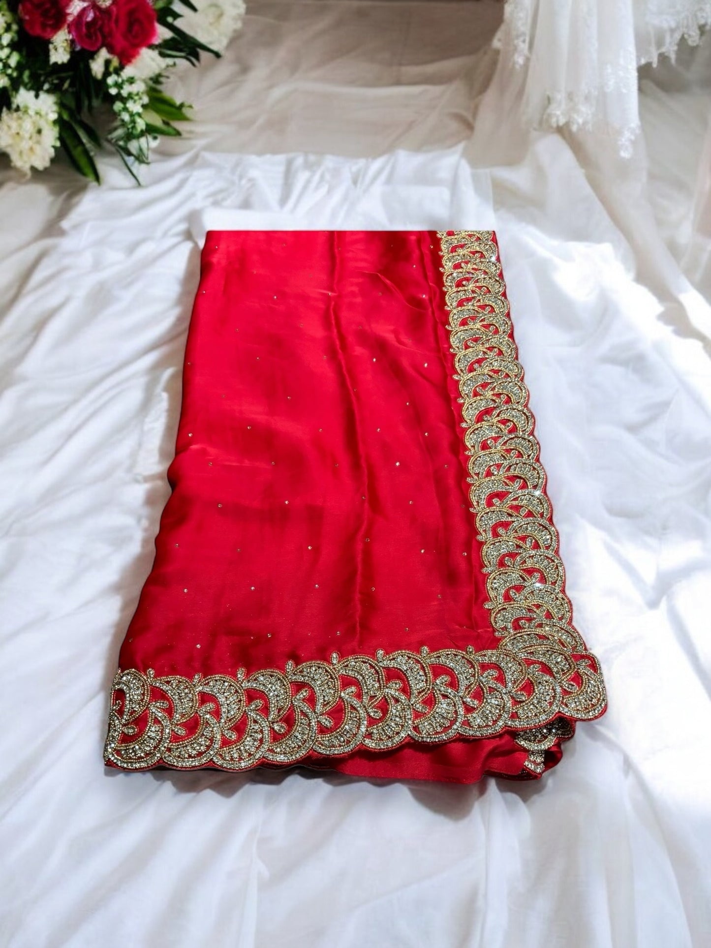 Red Color Designer Handwork Saree With Stones