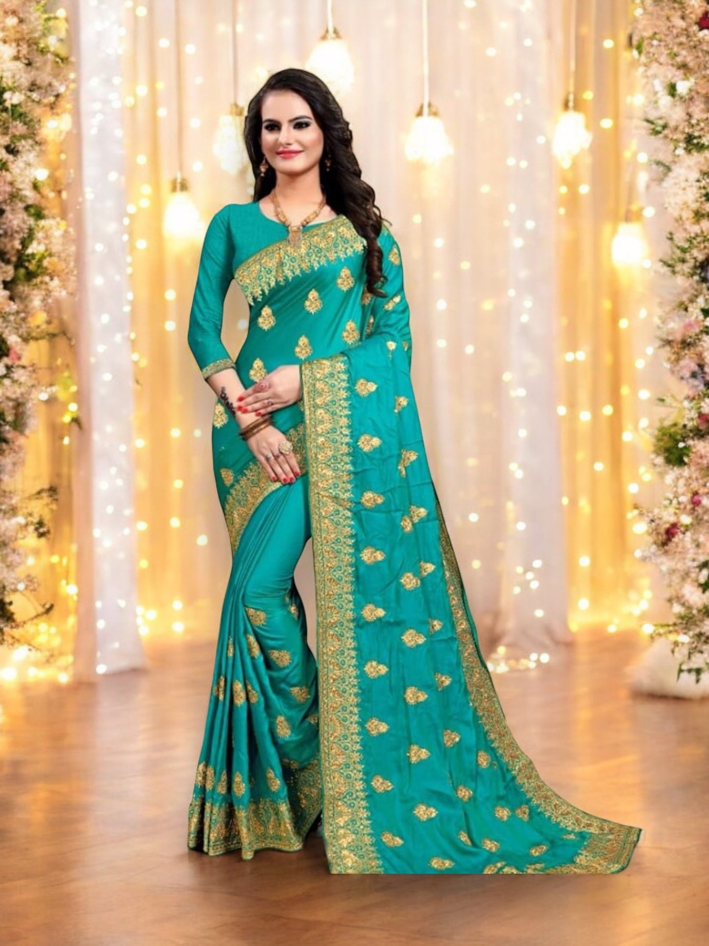 Sparkling Splendor: Sky Blue Satin Silk Saree with Stone Work