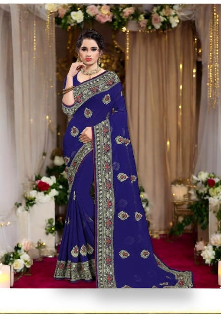 Navy Blue Georgette Saree with Resham Work for Festive Celebrations