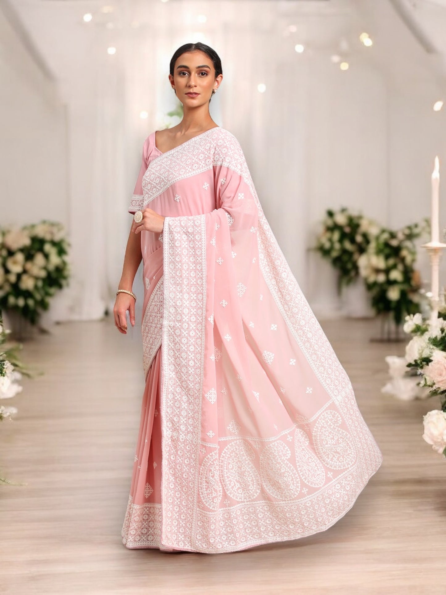 Elegant Georgette Embroidered Saree with Ready Blouse : A Perfect Blend of Tradition and Style