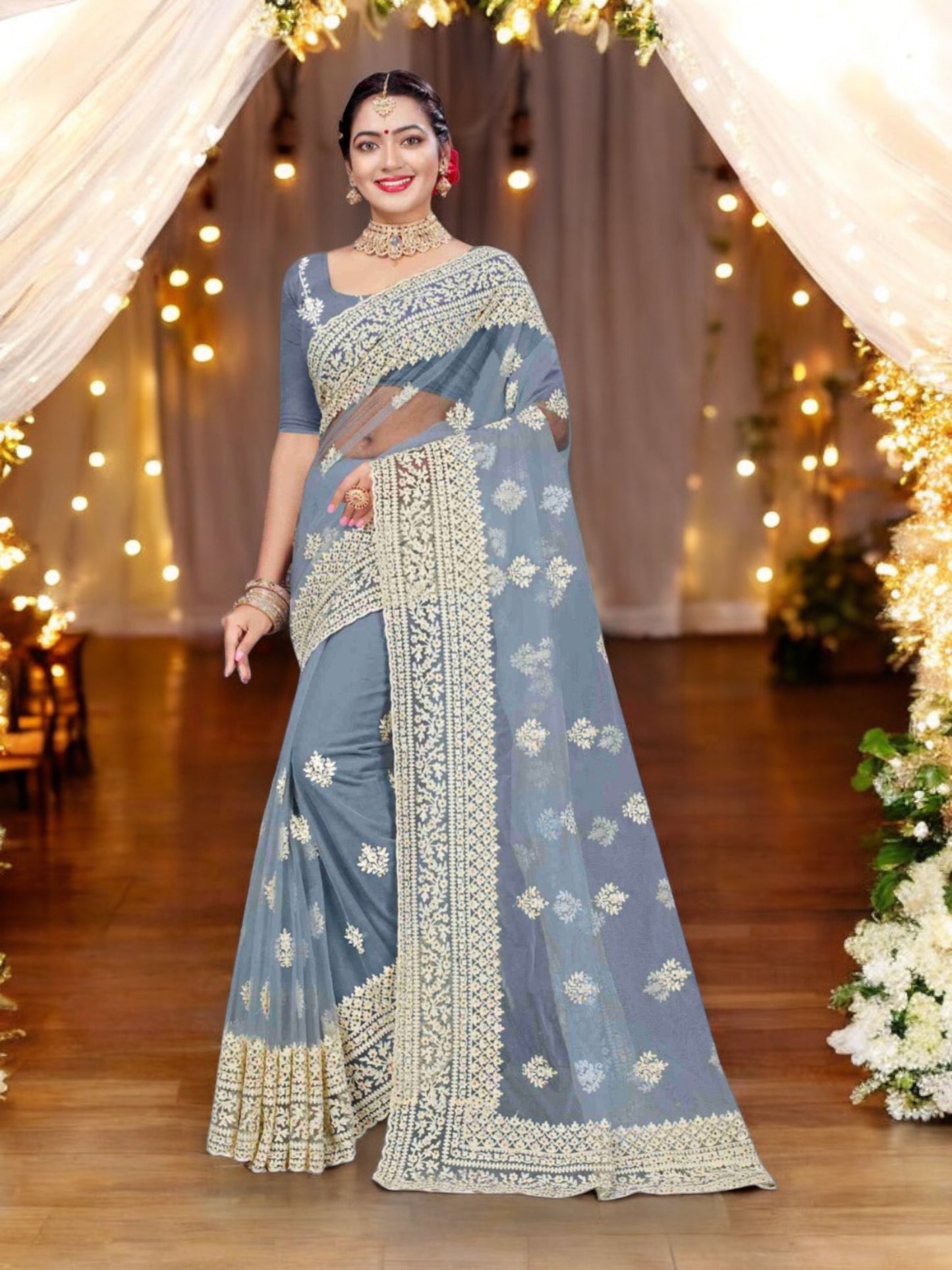 Enchanting Evening: Party Wear Net Saree with Intricate Embellishments