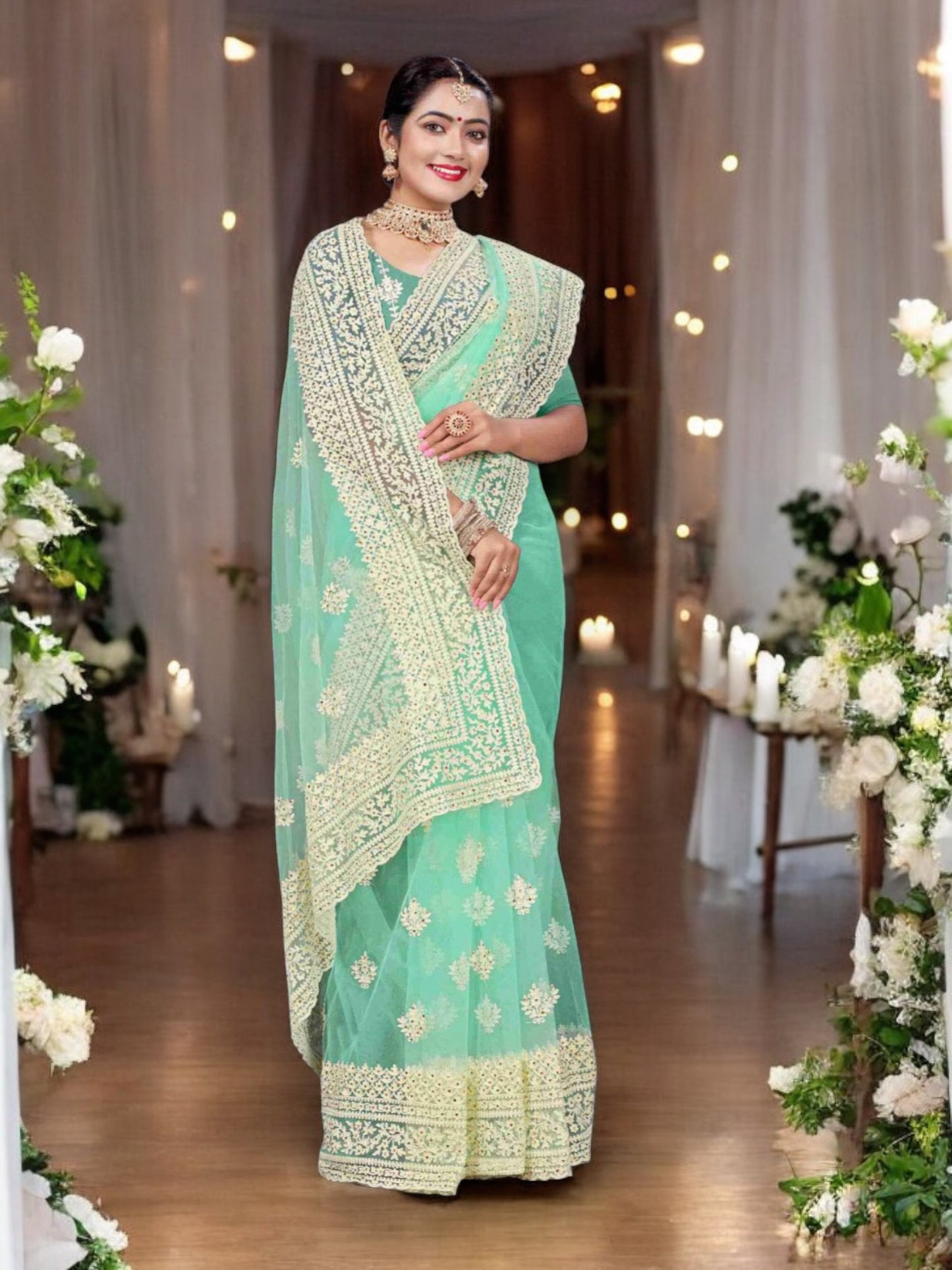 Enchanting Evening: Party Wear Net Saree with Intricate Embellishments