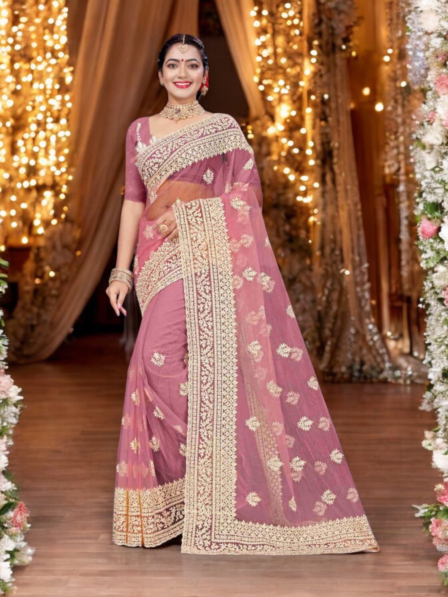 Enchanting Evening: Party Wear Net Saree with Intricate Embellishments