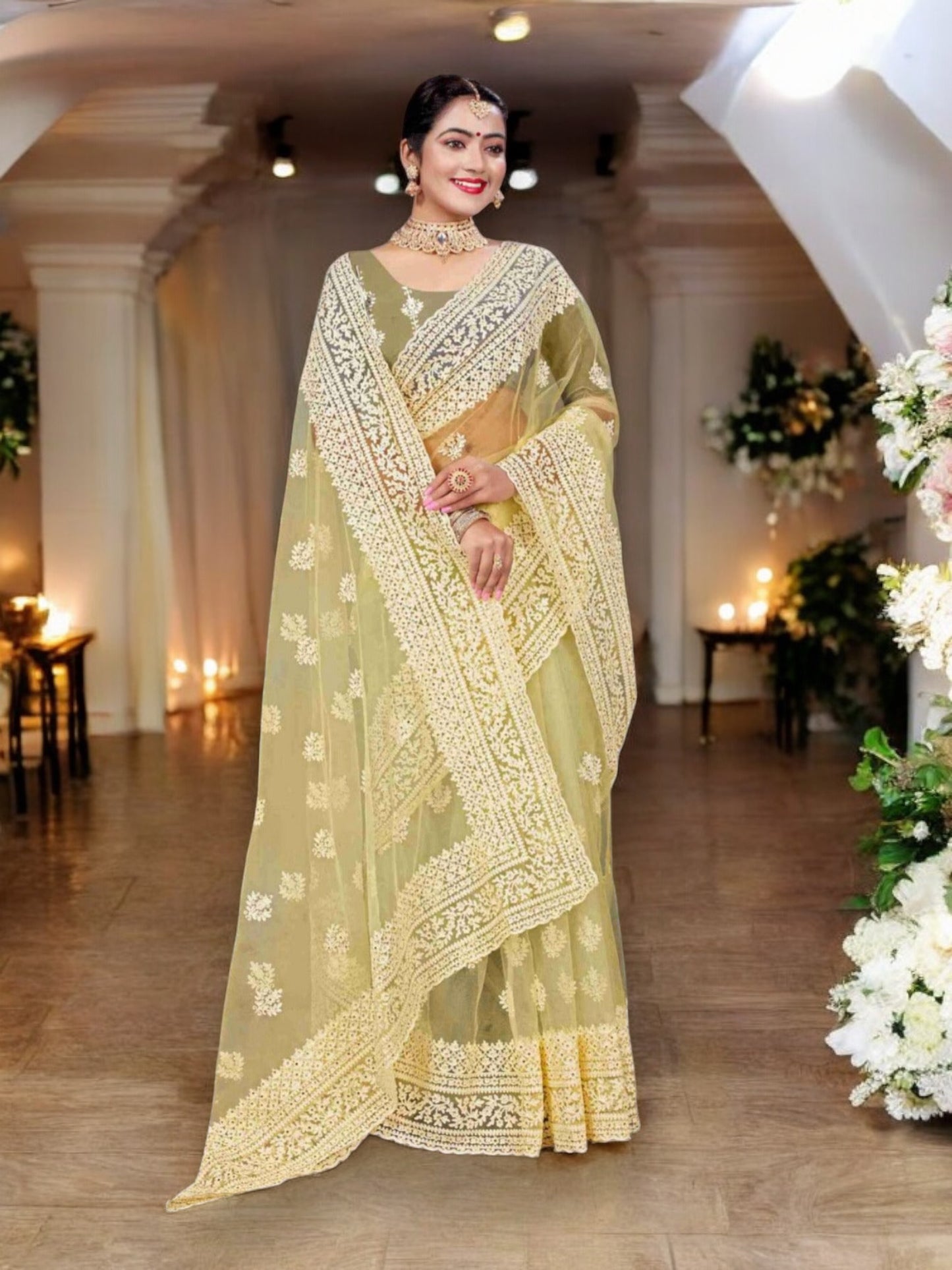 Enchanting Evening: Party Wear Net Saree with Intricate Embellishments