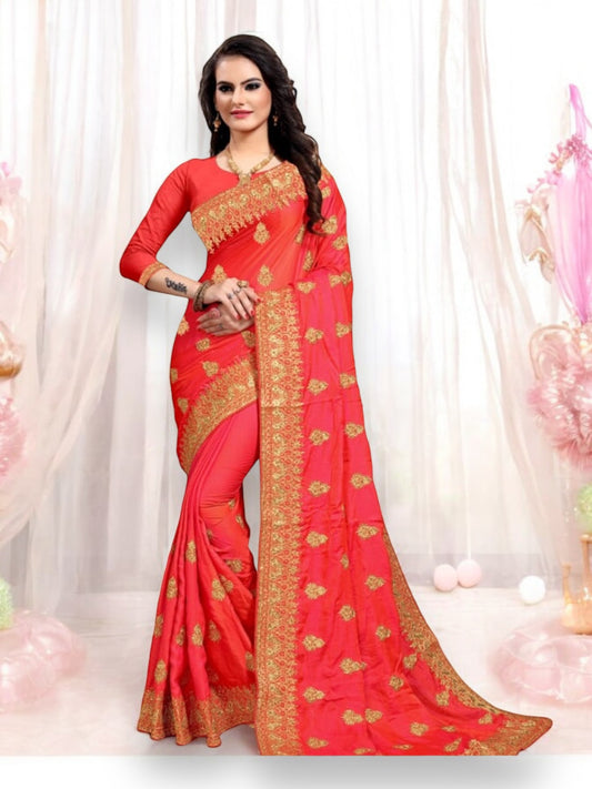 Sparkling Splendor: Pink Satin Silk Saree with Stone Work