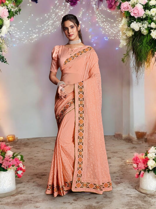 Glamourous Festivity: Embroidered Party Wear Saree with Ready Blouse