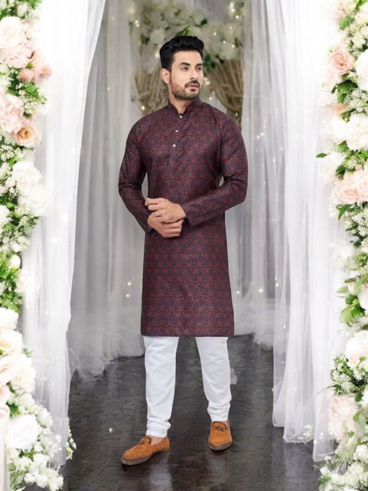 Maroon and Black Color Festive Wear Mens Kurta Pajama- 104007