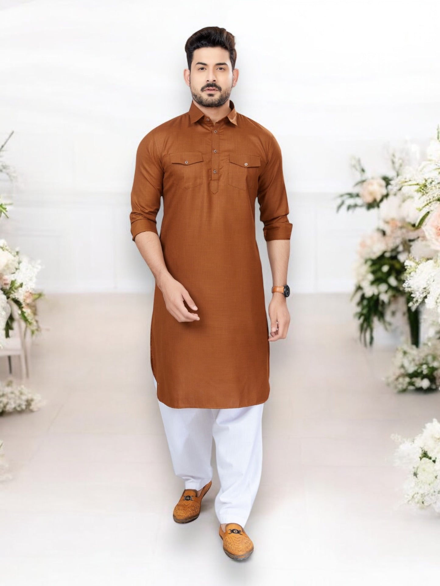 Traditional Light Brown Pathani Cotton Kurta Pajama Outfit