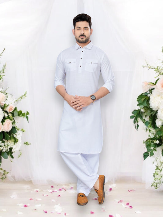 Traditional White Pathani Cotton Kurta Pajama Outfit