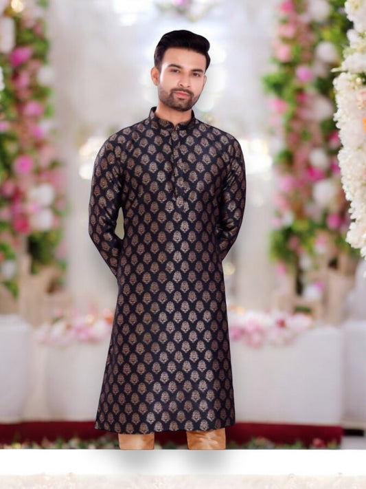 Elegant Men's Black Silk Kurta with Pant - HT6321