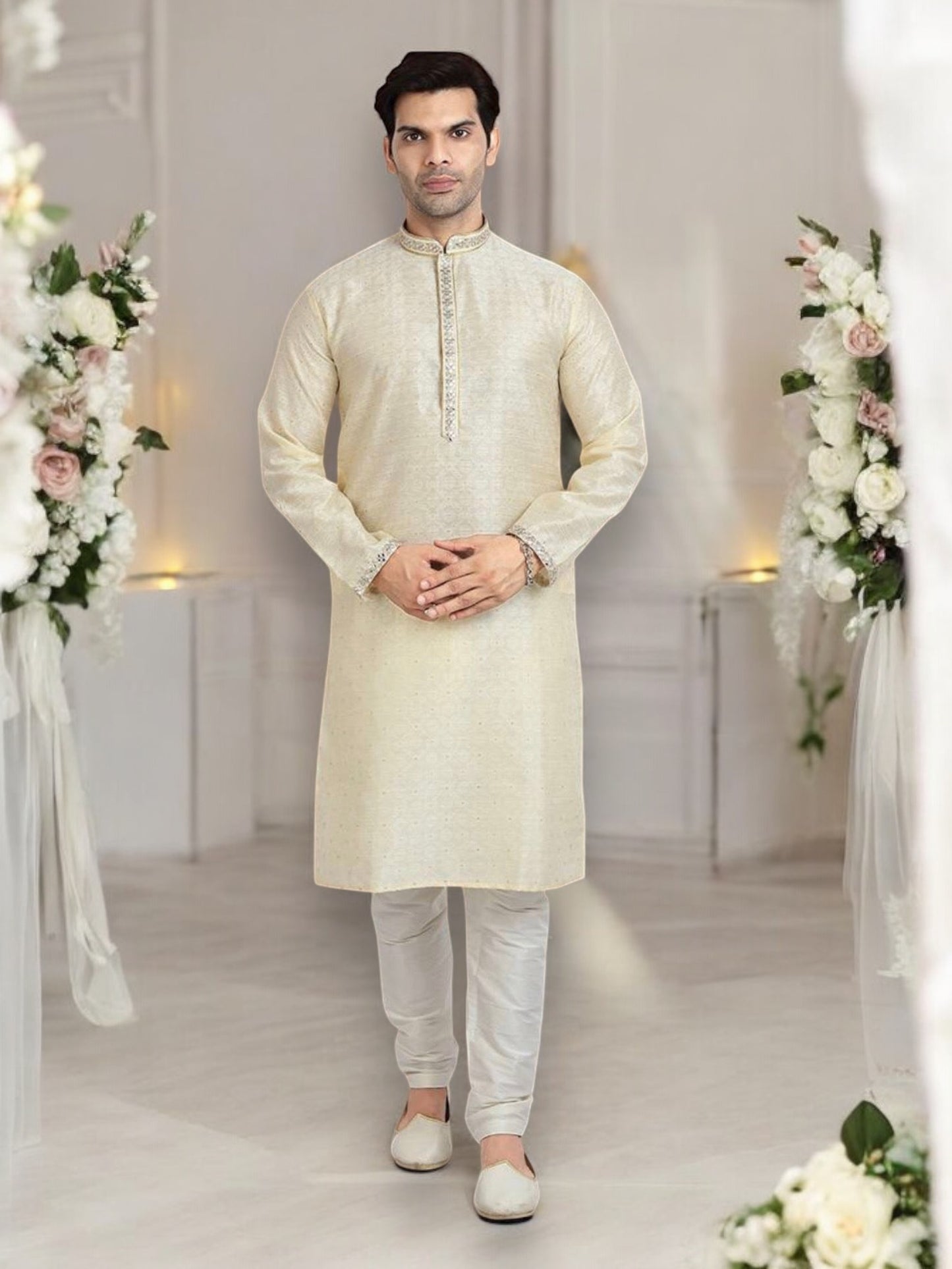 Cream Traditional Wear Jacquard Silk Kurta Pajama