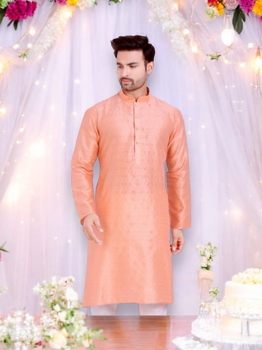 Peach Pink Stylish Men's Silk Kurta Pajama