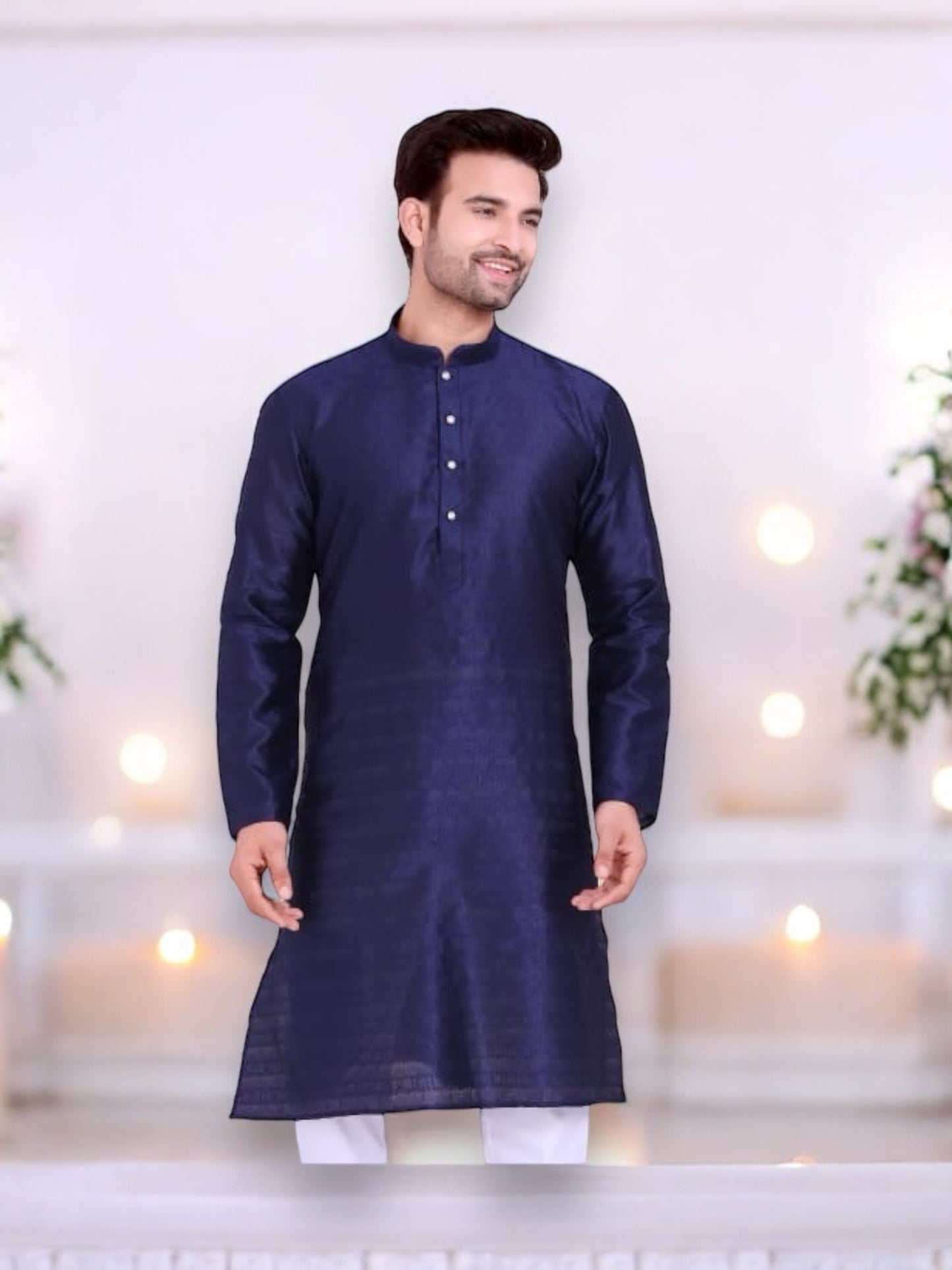 Navy Blue Luxurious Silk Kurta Pajama for Men - 6375 M