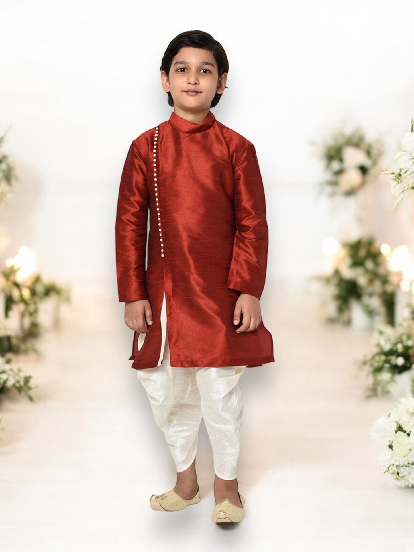 Maroon - Exquisite Dupion Silk Party Wear Weaving Kids Kurta Pajama