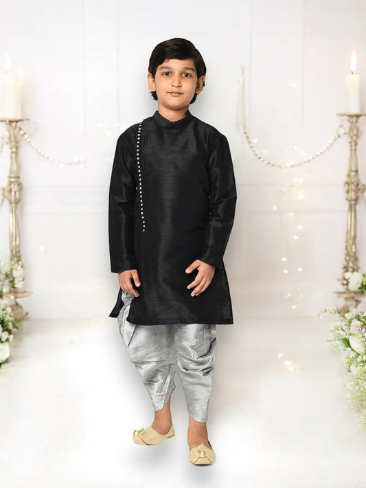 Black - Exquisite Dupion Silk Party Wear Weaving Kids Kurta Pajama