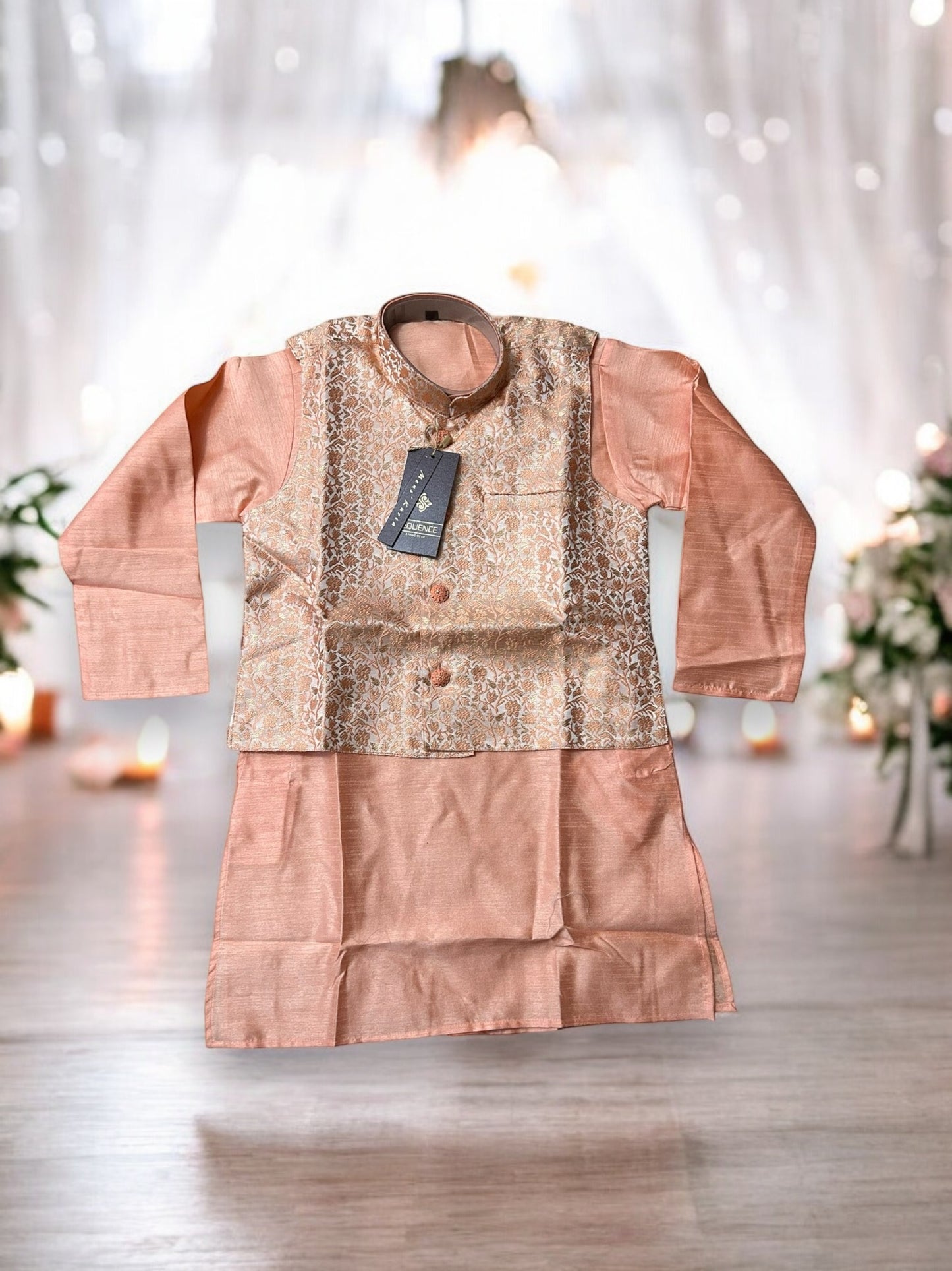 Elegant Boys Peach Silk Kurta Pajama Set with Matching Vest - D6420