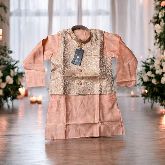 Elegant Boys Peach Silk Kurta Pajama Set with Matching Vest - D6420