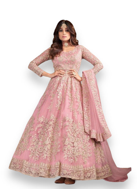 Pink - Butterfly Net with Front & Back Embroidery Work Gown- 8356-D