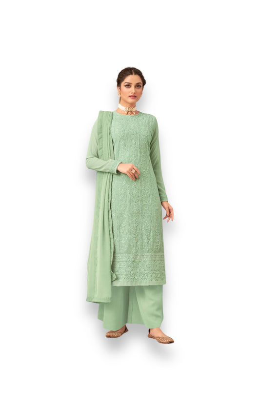 Pista green Faux Georgette Lucknowi Work Salwar Suit - Elegance Redefined