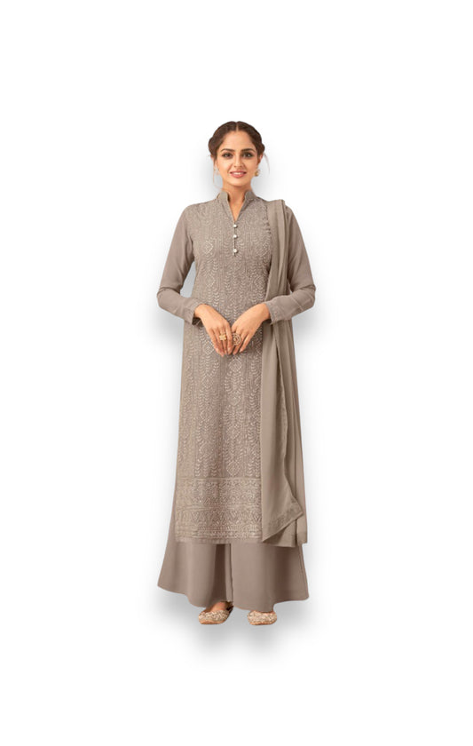 Gray -Faux Georgette Lucknowi Work Salwar Suit - Elegance Redefined