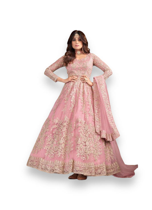 Pink - Butterfly Net with Front & Back Embroidery Work Gown- 8356-D