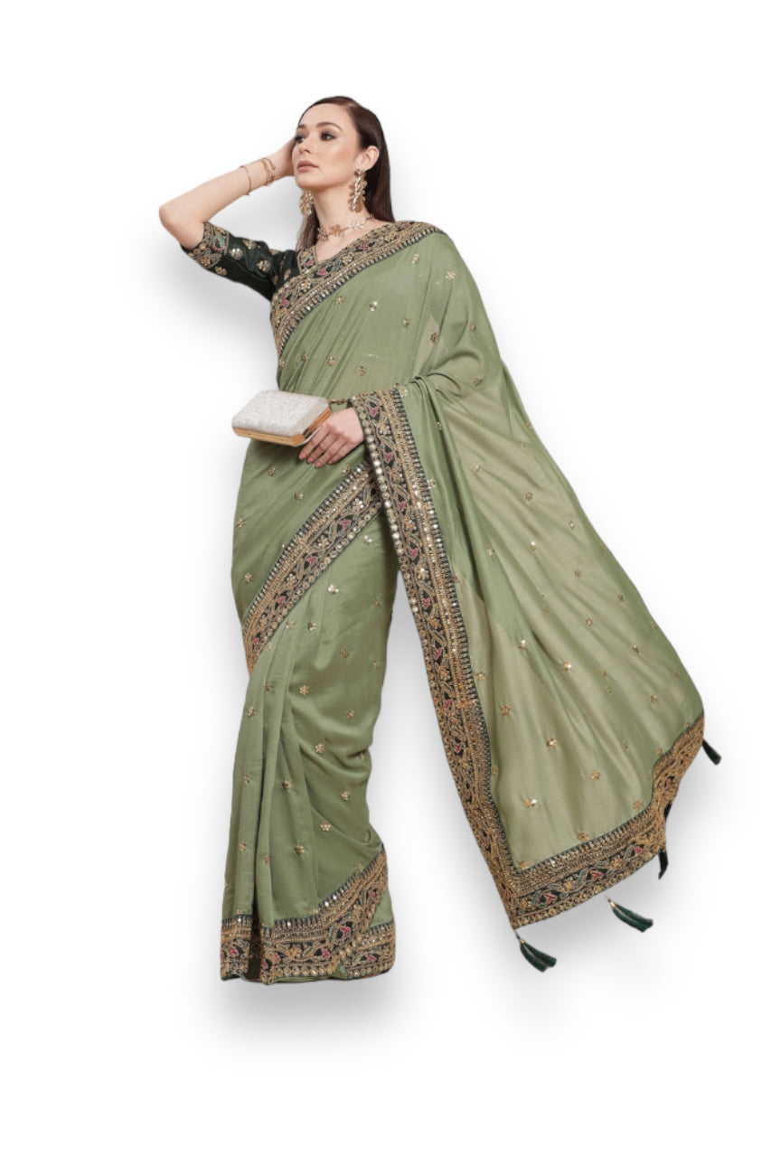 Elegant Green Vichitra Designer Saree: A Unique Blend of Tradition and Style