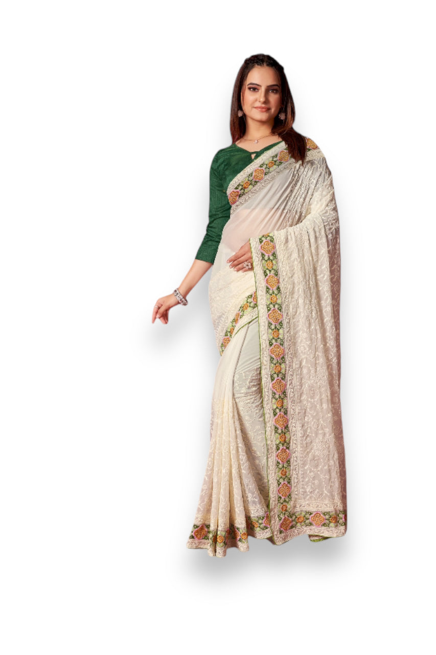 Glamourous Festivity: Embroidered Party Wear Saree with Readymade Blouse