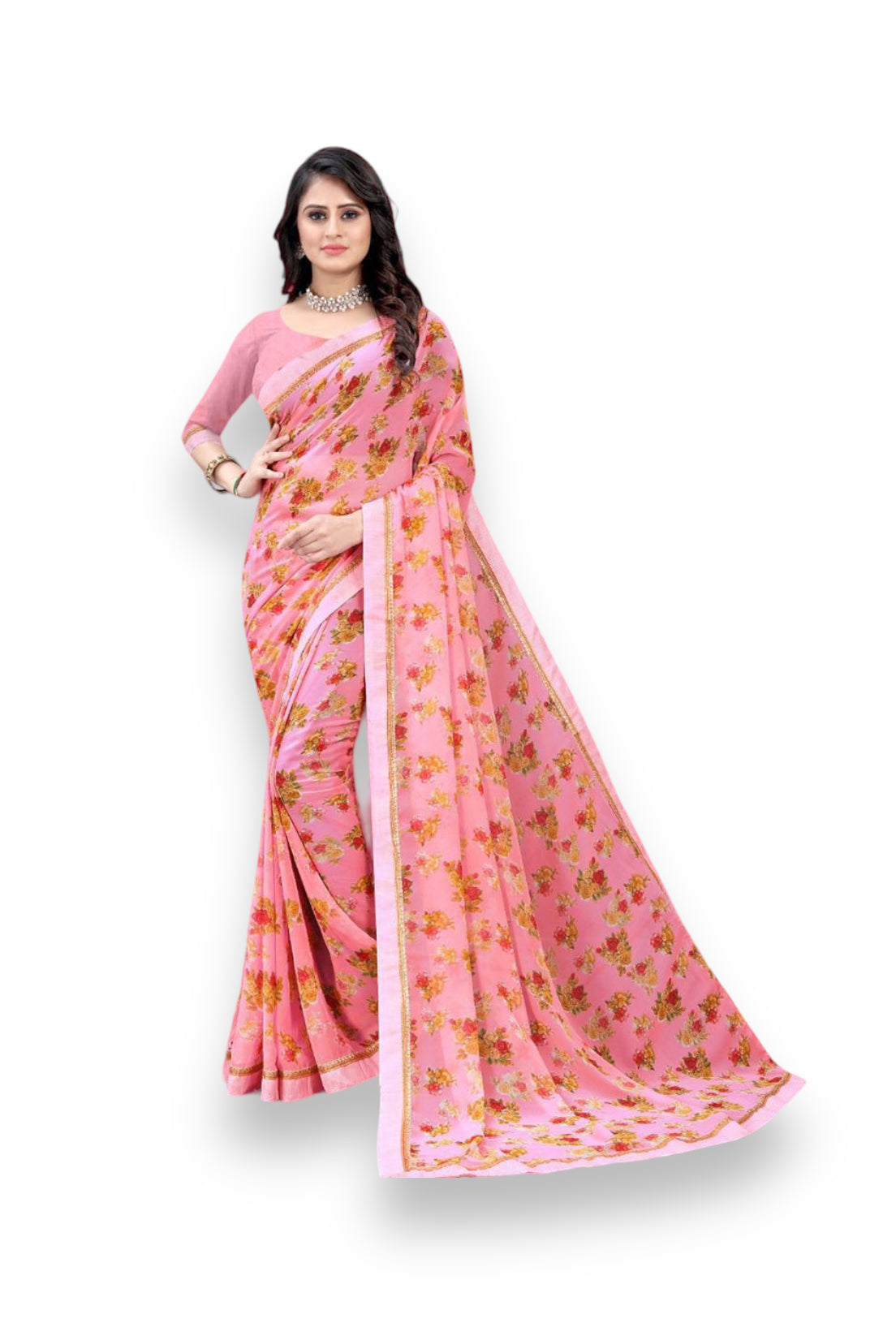 Style on Sale: Pink Georgette Regular Wear Printed Work Saree