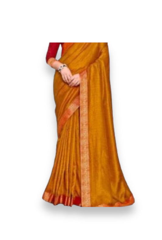 Clearance Sale: Mustard Vichitra Silk Casual Wear Lace Work Saree at Unbeatable Prices!
