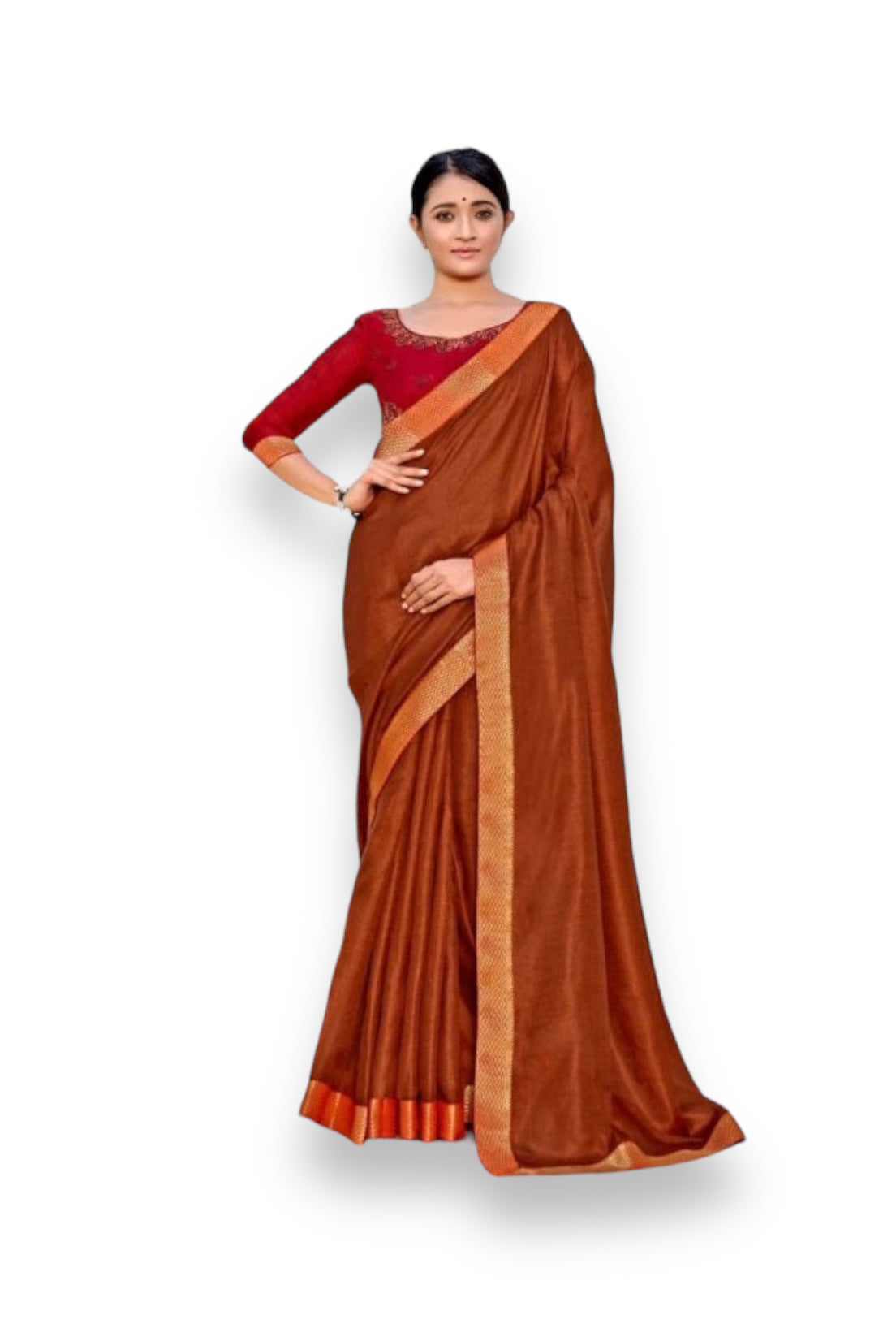 Clearance Sale: Brown Vichitra Silk Casual Wear Lace Work Saree at Unbeatable Prices!