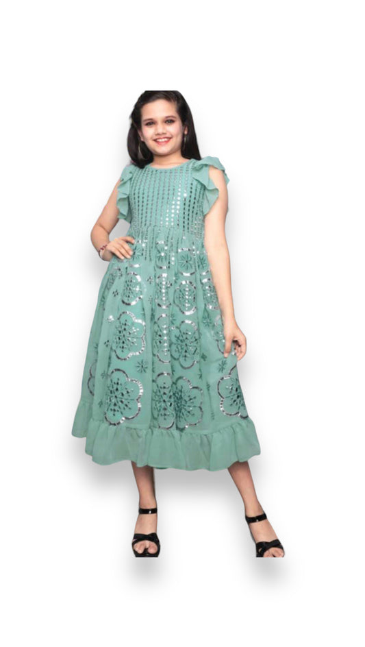 Sea Breeze Delight: Stylish Party Wear Sea Green Georgette Frock with Embroidery and Mirror Work