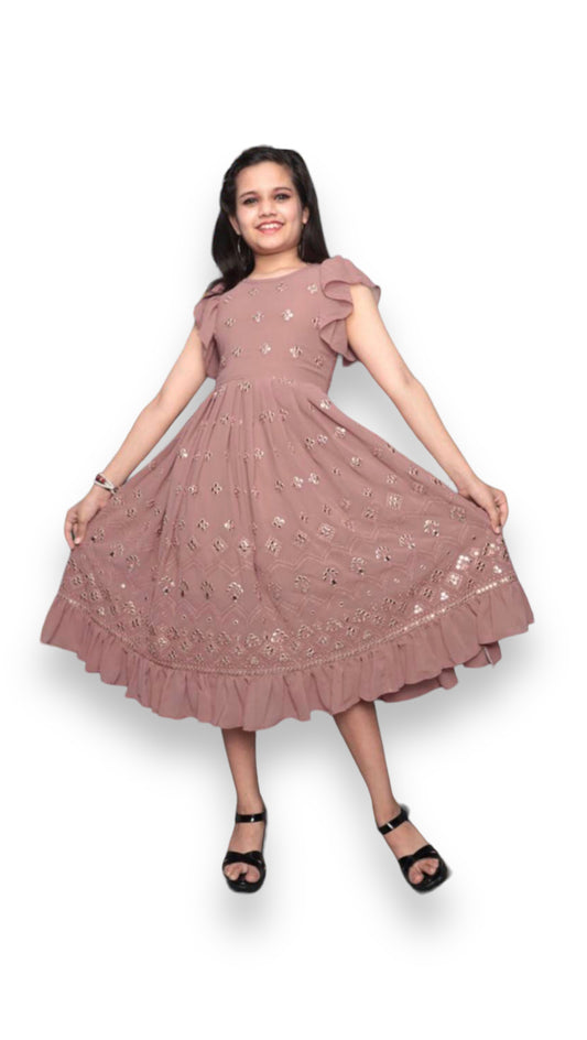 Radiant Peach: Stylish Party Wear Georgette Embroidery Mirror Work Frock