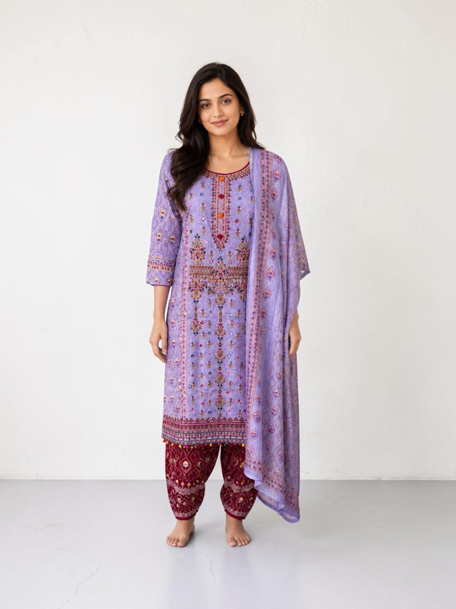 Traditional cotton Salwar Kameez suit by Saree Ghor Charlotte, featuring intricate design and vibrant cultural wear for women.