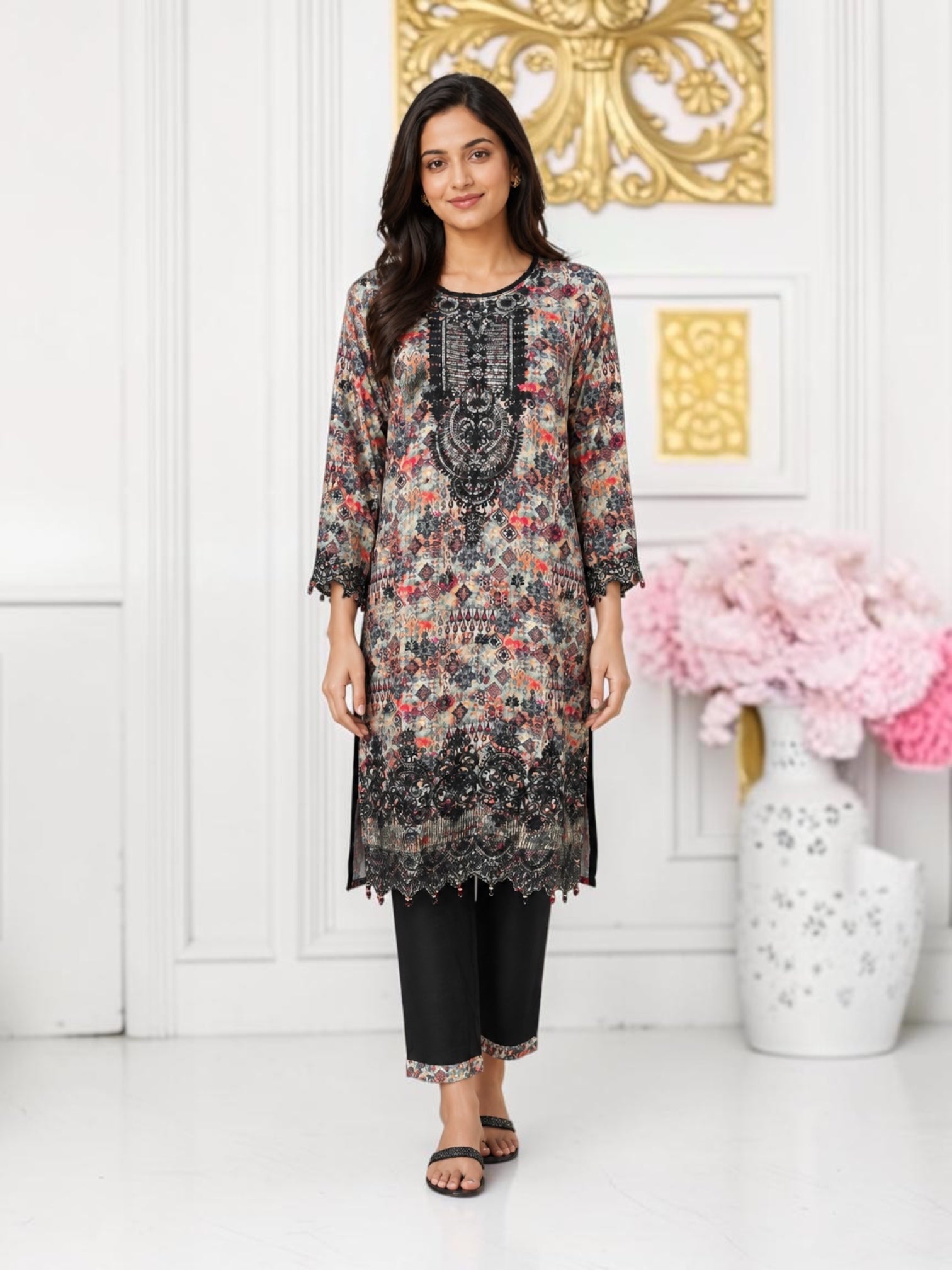Traditional soft cotton Salwar Kameez suit by Saree Ghor Charlotte, featuring intricate design and vibrant colors for cultural wear.