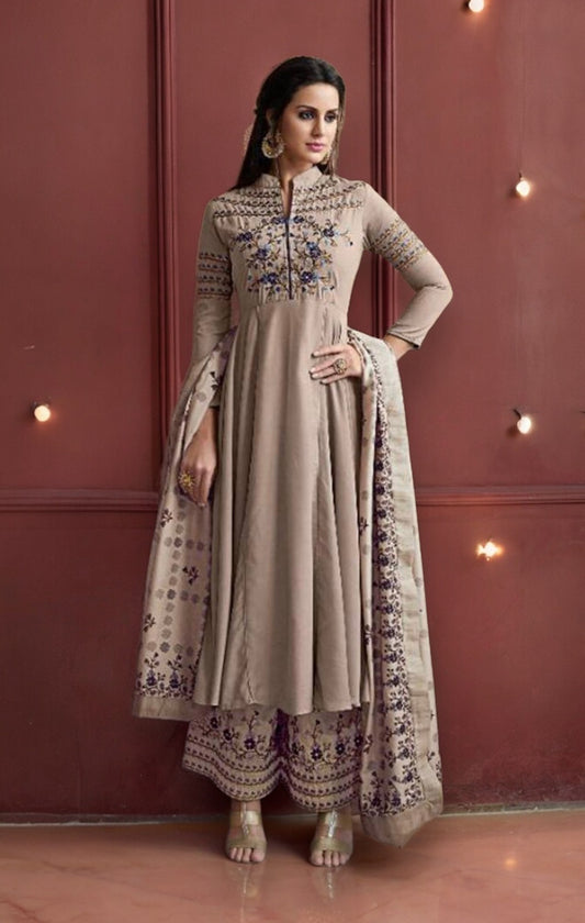 Graceful Charisma: Light Gray Heavy Maslin Silk Designer Worked Salwar Suit
