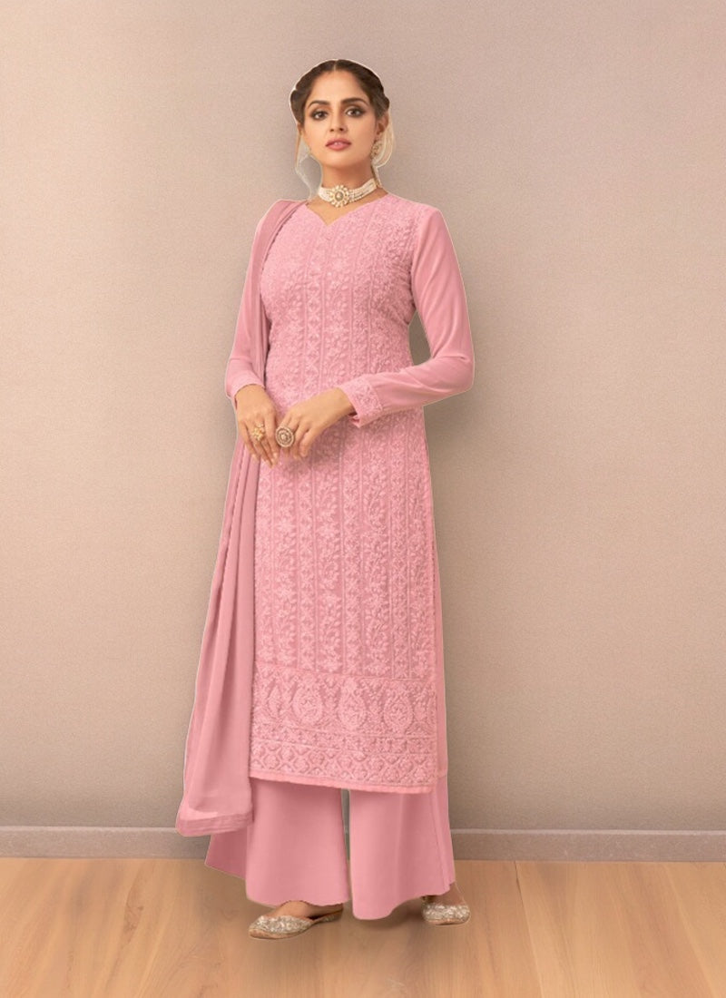 Pink Faux Georgette Lucknowi Work Salwar Suit - Elegance Redefined