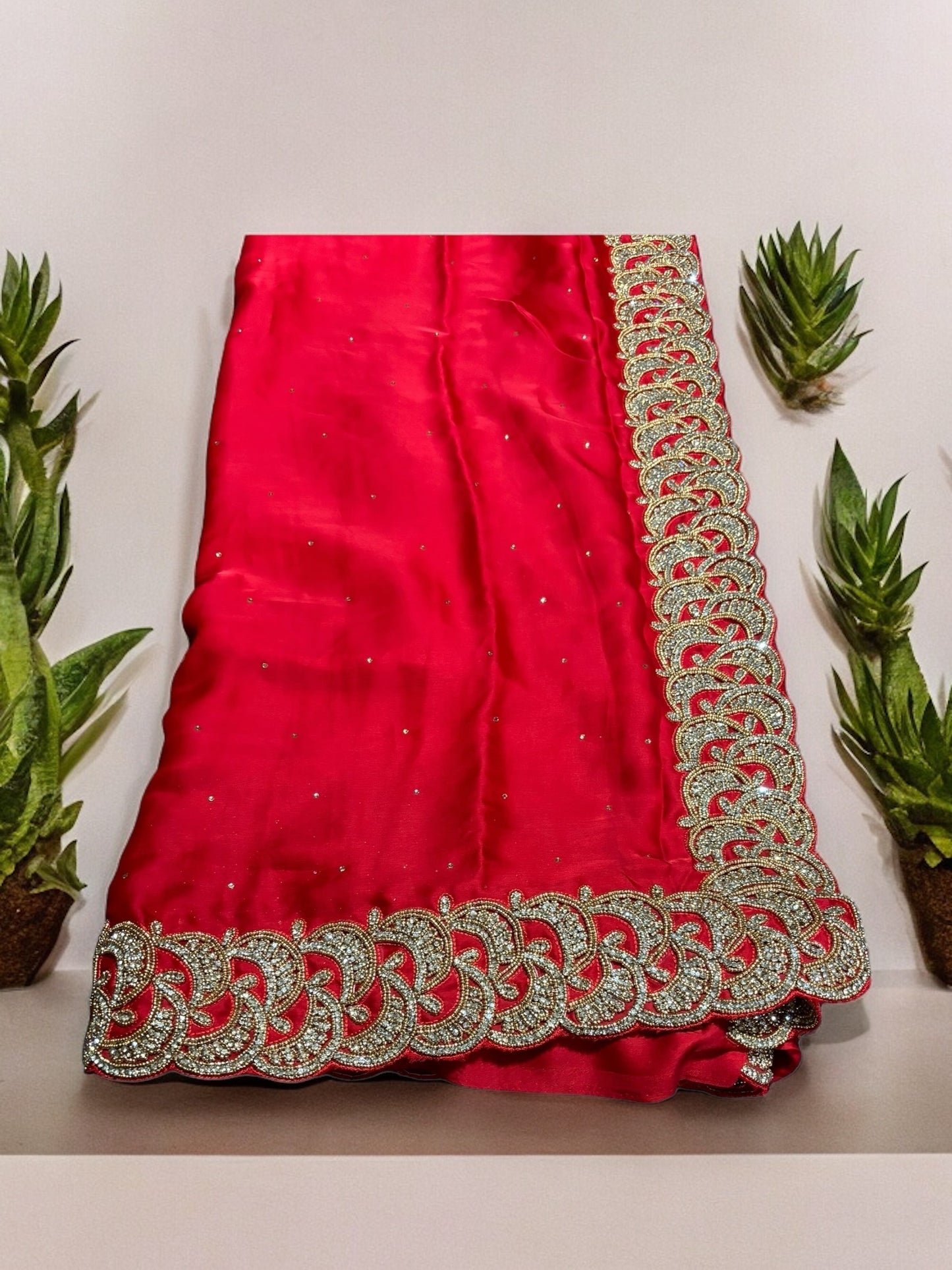 Red Color Designer Handwork Saree With Stones