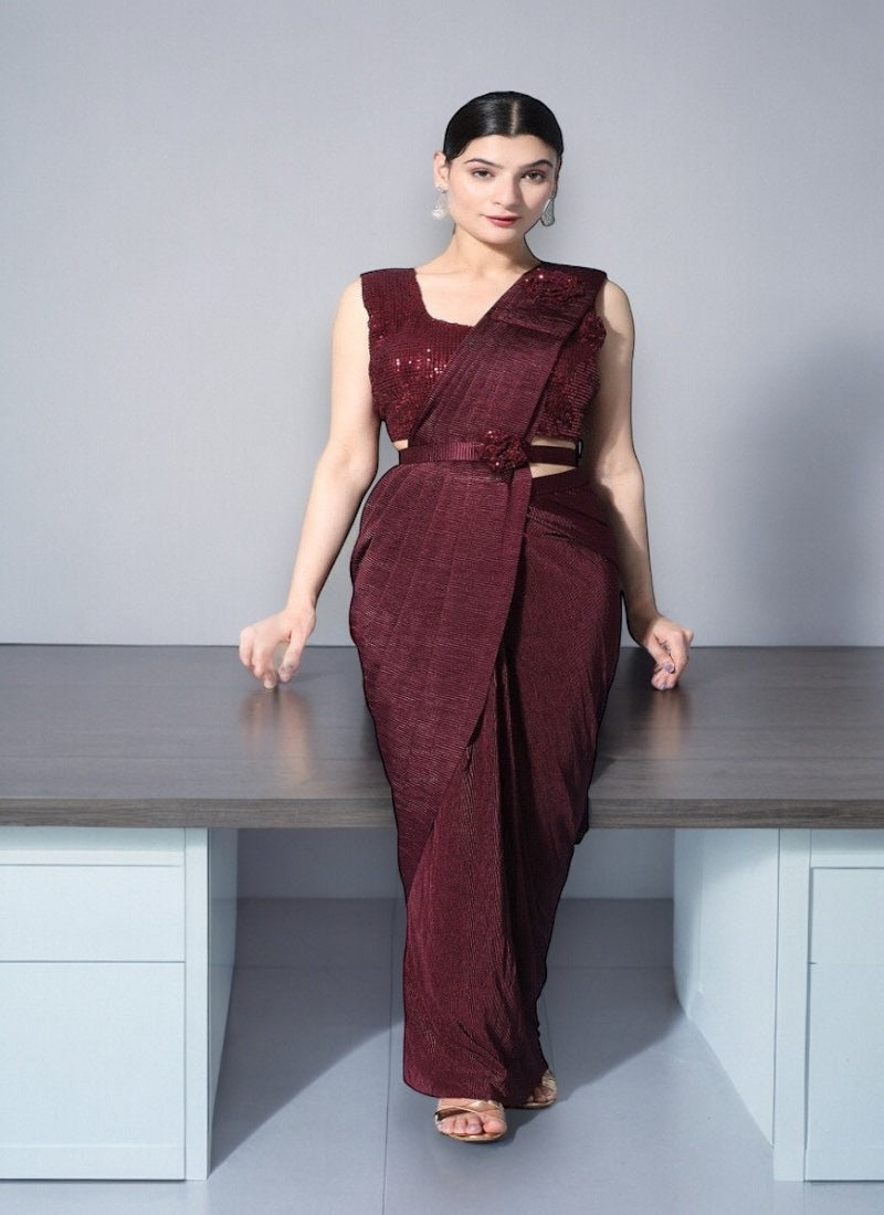 Modern Sophistication: Maroon Color Amoha Readymade Saree