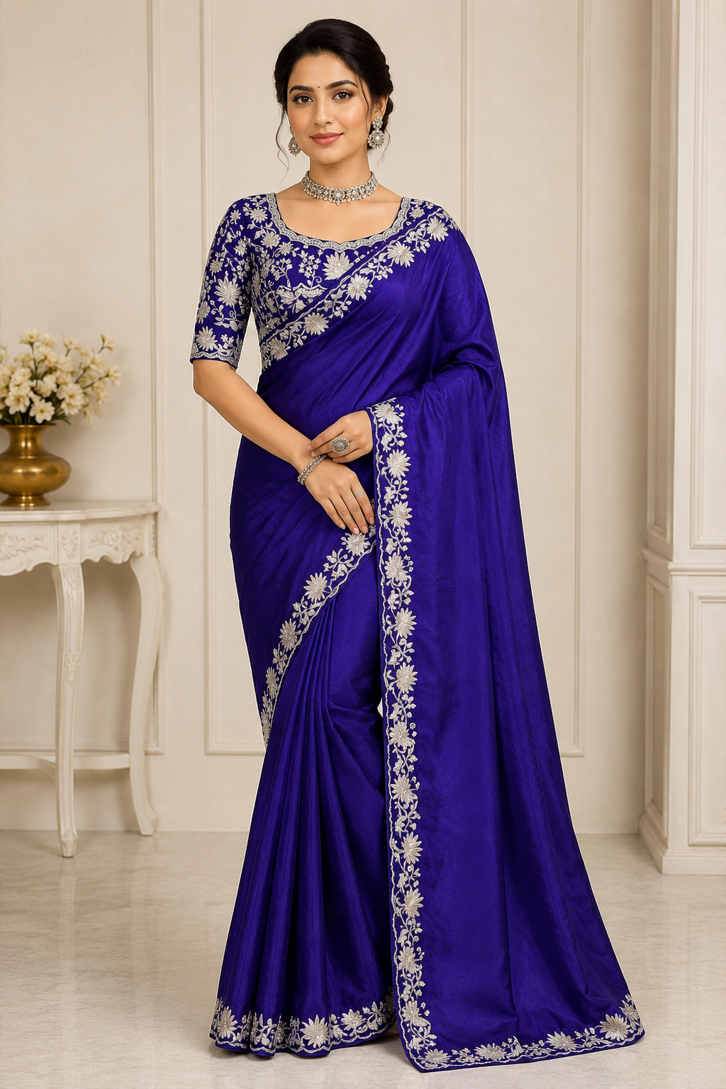 Elegant designer saree with matching ready blouse from Saree Ghor Charlotte, traditional cultural wear for women displayed in the image.