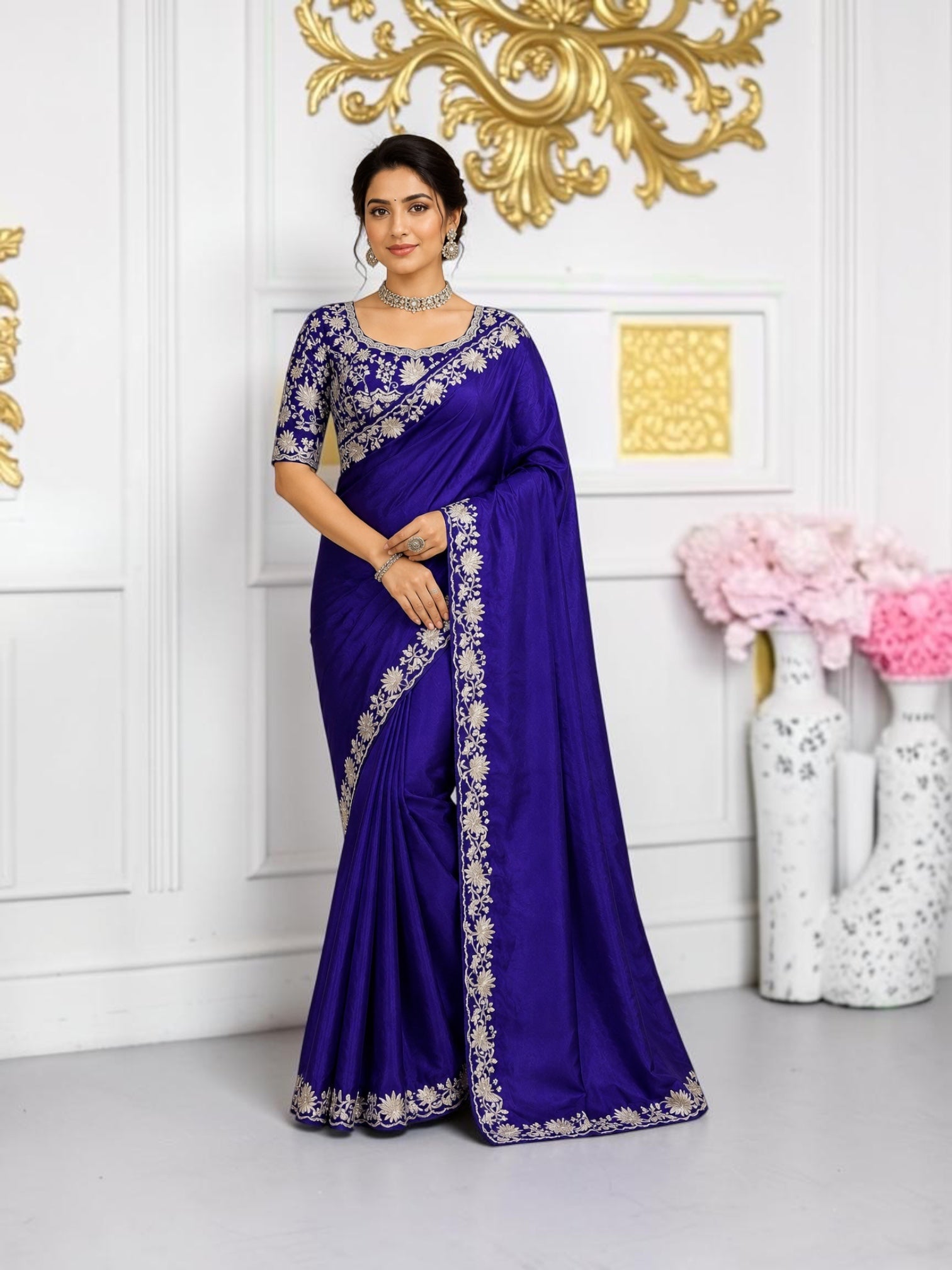 Elegant designer saree with intricate patterns and matching ready blouse from Saree Ghor Charlotte, perfect for cultural wear.