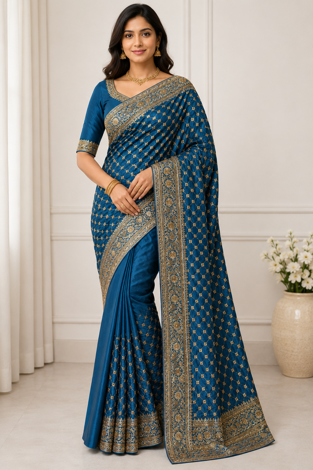 Traditional designer saree by Saree Ghor Charlotte with intricate patterns, cultural wear for women, shown in the image.